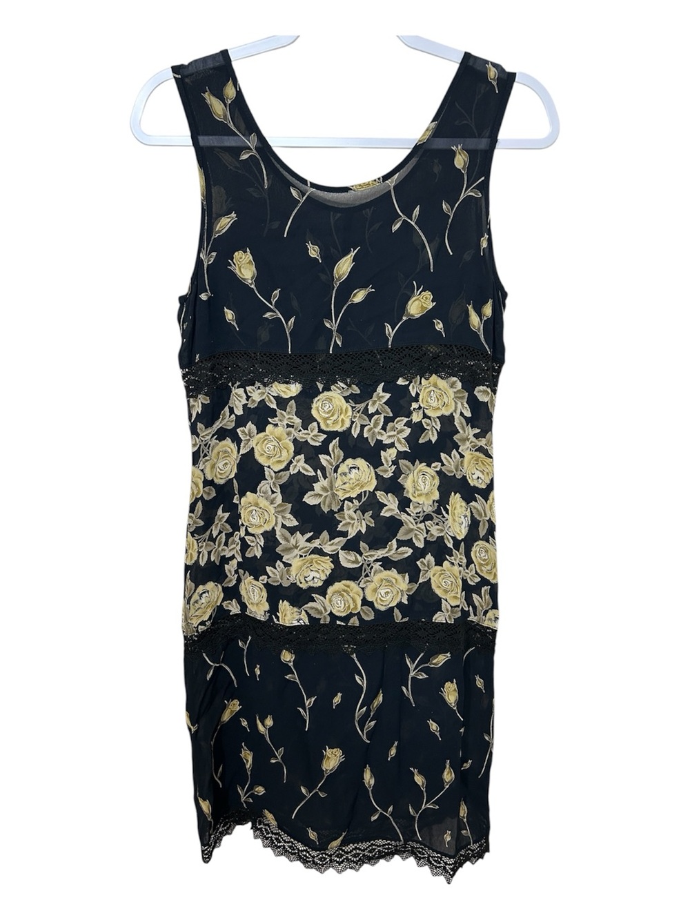 Vintage 90’s Floral Lace Trim Sleeveless Dress Slip Black and Gold